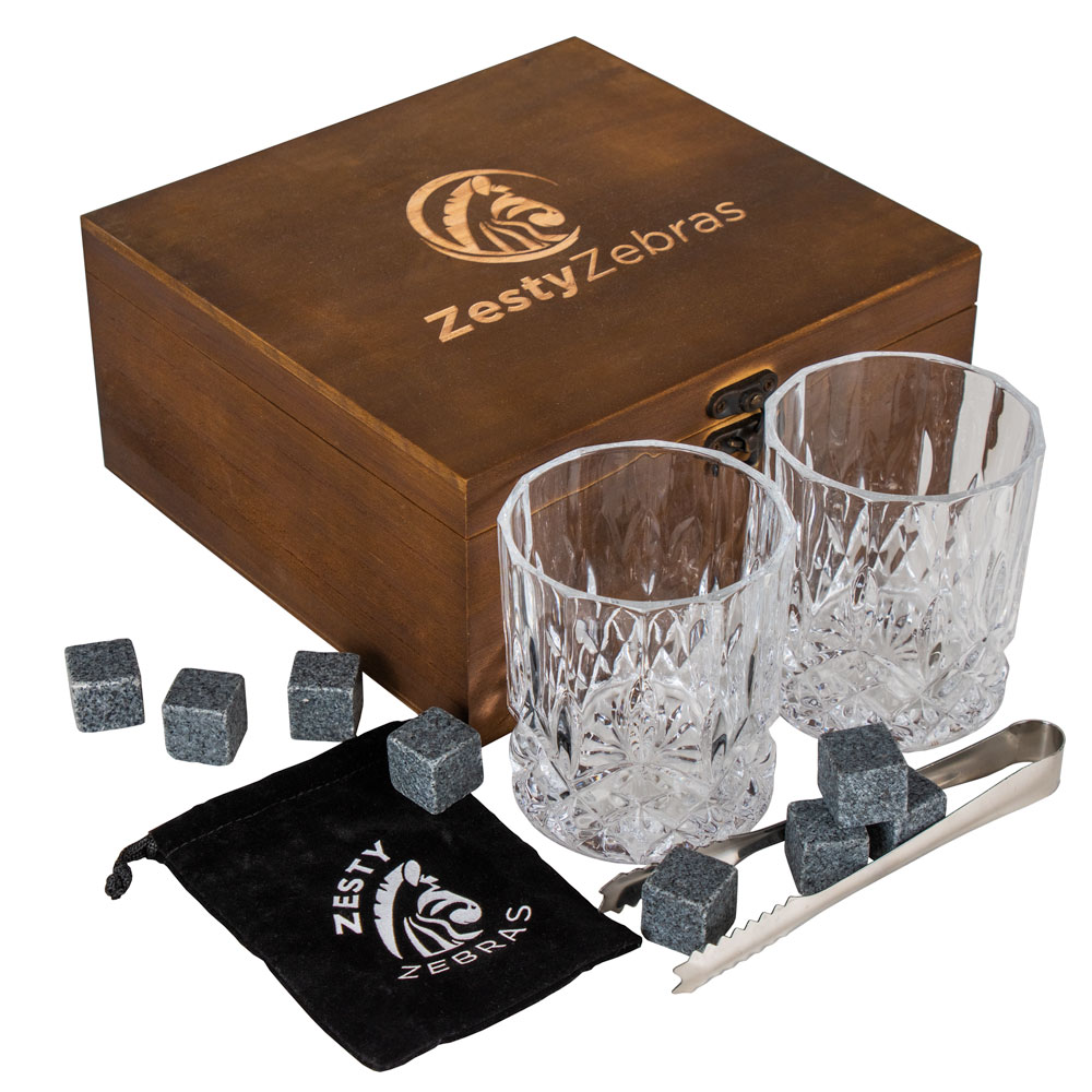 Drinking Crystal Glass Gift Set Includes Eight Granite Stones, Tongs